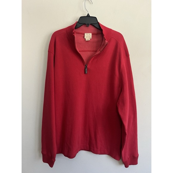 JOS. A BANK 1/4 Zip Mens L Woven Red Cotton Long Sleeve Banded Cuff Sweater Soft - Picture 1 of 7